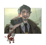  1boy beard border cellphone_charm challia_bull char_aznable character_charm character_doll charm_(object) collared_shirt facial_hair green_eyes green_hair gundam gundam_gquuuuuux holding holding_phone jacket long_sleeves male_focus mustache necktie open_mouth phone red_gundam shirt short_hair smile solo starshadowmagician sticker white_border 