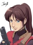  1girl blue_eyes brown_hair claire_redfield closed_mouth fingerless_gloves gloves gun handgun holding holding_gun holding_weapon lips long_hair looking_at_viewer m1911 nose ponytail resident_evil resident_evil_2 signature simple_background solo tare-katsu weapon white_background 