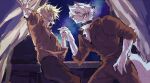 anthro blonde_hair blush canid canine canis collar duo formal_clothing fur hair hand_holding haoxiangch85403 hugo_vlad humanoid humanoid_pointy_ears male male/male mammal mihoyo pointy_ears sky star starry_sky von_lycaon white_body white_fur wolf zenless_zone_zero