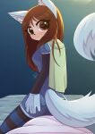 anthro bed black_sleeves blue_body blue_clothing blue_ears blue_fur blue_hands blue_sweater blue_topwear blue_wall blush brown_eyes brown_hair canid canine canis clothing eyelashes female fluffy fluffy_tail fur furniture green_scarf hair heart_eyes heart_symbol hi_res holding_butt howxu legwear looking_at_viewer looking_back looking_back_at_viewer mammal pattern_clothing pattern_legwear pattern_stockings scarf smile solo sparkles sparkling_clothing stockings striped_clothing striped_legwear striped_stockings stripes sweater tail tan_body tan_fur topwear wolf yukiko_snowflake_(character)
