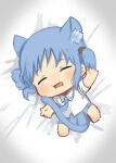  1girl animal_ear_fluff animal_ears bed_sheet blue_hair blue_necktie blue_skirt cat_ears cat_tail chibi chibi_only closed_eyes collared_shirt cube_hair_ornament fang full_body hair_ornament highres lying naganohara_mio naganoharamiomio necktie nichijou on_back open_mouth pleated_skirt school_uniform shirt short_hair short_sleeves short_twintails skirt solo summer_uniform tail tokisadame_school_uniform twintails white_shirt 