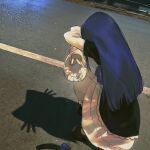  1girl absurdres cat_shadow_puppet commentary dress frederica_bernkastel highres long_hair middle_w photo-referenced purple_hair road shadow shadow_puppet solo squatting symbol-only_commentary umineko_no_naku_koro_ni w yuishironeko 
