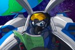 3:2 absurd_res aircraft airplane book canid canine canis hi_res jet male mammal pilot pilot_helmet pilot_suit piloting piloting_vehicle planet reading reading_book science_fiction setriaphtfj space spacecraft spacesuit star tebran_armoph vehicle wolf