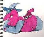 2022 aircraft airplane animate_inanimate anthro belly big_belly big_butt breasts butt clothing female grey_clothing grey_legwear grey_stockings hat headgear headwear hi_res legwear lying nebula_(sofmallow) nonbinary_(lore) on_front pink_belly pink_body pink_breasts simple_background smile sofmallow solo stockings thick_thighs traditional_media_(artwork) vehicle white_background witch_hat