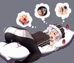  ass black_legwear blush censored clothed_masturbation crotch_rub food fuguu-chan hat imagining jelly konnyaku_jelly masturbation nanakura_nanane open_mouth original pantyhose pillow pillow_sex pocky saliva silver_hair solo thought_bubble 