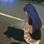  1girl absurdres cat_shadow_puppet commentary different_shadow dress english_commentary frederica_bernkastel highres long_hair looking_at_viewer middle_w photo-referenced purple_eyes purple_hair road shadow shadow_puppet solo squatting umineko_no_naku_koro_ni w yuishironeko 