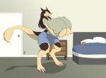 2021 absurd_res anthro badgerben bed bedroom big_breasts blue_eyes breast_growth breasts brown_body brown_ears brown_fur brown_hair brown_tail bursting claws clothed clothing female fun_paste fur furniture growth hair hi_res huge_breasts kenari_neora kenari_neora_(justmekenji) mammal mythological_creature mythology paws sergal solo tail tan_body tan_breasts tan_face tan_fur tan_tail