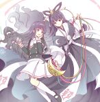 2girls :d bell black_dress black_hair black_jacket black_shoes blunt_bangs buttons camera cardcaptor_sakura collared_shirt creator_connection crescent_print daidouji_tomoyo double-breasted dress feixianji_(hairstyle) gown hair_ornament hair_stick hair_tubes hand_on_own_cheek hand_on_own_face highres holding holding_bell holding_camera holding_ribbon in-franchise_crossover jacket japanese_clothes kimono kneehighs kurabayashi layered_kimono long_hair long_sleeves look-alike looking_at_another looking_to_the_side mary_janes multiple_girls necktie pleated_skirt purple_eyes ribbon sash school_uniform shawl shirt shoes skirt smile socks tassel tomoeda_middle_school_uniform tomoyo_hime tsubasa_chronicle tsuki_no_suzu very_long_hair video_camera wavy_hair white_background white_kimono white_necktie white_sash white_shawl white_shirt white_skirt white_socks wide_sleeves 