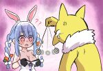 1girl @_@ anger_vein animal_ear_fluff animal_ears black_gloves blue_hair braid breasts carrot_hair_ornament coin coin_on_string colored_skin food-themed_hair_ornament fushicho gloves hair_ornament highres holding holding_pendulum holding_string holed_coin hololive hypno hypnosis long_hair mind_control multicolored_hair open_mouth pendulum pokemon pokemon_(creature) pulling_own_clothes rabbit_ears rabbit_girl string sweat tears thick_eyebrows twin_braids twintails two-tone_hair usada_pekora usada_pekora_(1st_costume) virtual_youtuber white_hair yellow_skin 