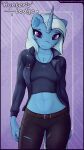  absurd_res anthro belt blue_body bottomwear breasts clothed clothing denim denim_bottomwear denim_clothing ear_piercing equid equine female friendship_is_magic glowing glowing_eyes hasbro hi_res horn huge_filesize jacket jeans jewelry killerqueen1911 leather leather_clothing leather_jacket leather_topwear looking_at_viewer mammal midriff my_little_pony mythological_creature mythological_equine mythology necklace pants piercing shirt smile smiling_at_viewer solo tank_top topwear torn_bottomwear torn_clothing torn_jeans torn_pants trixie_(mlp) unicorn 