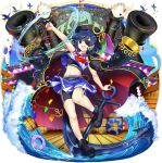  1girl alternate_costume alternate_headwear anchor anchor_hat_ornament barrel bike_shorts bird black_boots black_coat black_hat black_shorts blue_hair blue_skirt blue_sky boots cannon chain cheerleader coat coat_on_shoulders confetti crop_top day eyepatch flag full_body game_cg gold_trim green_eyes hat hat_ornament highres hishaku hydrokinesis leg_up lifebuoy long_hair looking_at_viewer multicolored_shirt multicolored_skirt murasa_minamitsu murasa_minamitsu_(all_aboard!_full_speed_ahead!) navel neckerchief official_art open_mouth red_neckerchief rotte_(1109) ship shorts shorts_under_skirt skirt sky smile socks solo swim_ring third-party_source touhou touhou_lostword transparent_background water water_drop watercraft white_socks 