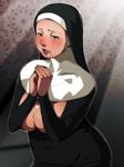  blush breasts cum cum_on_body cum_on_breasts cum_on_upper_body facial ganto habit hands_clasped large_breasts licking_lips mature mole mole_under_mouth nun original own_hands_together solo tongue tongue_out 