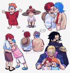  ... 4boys absurdres anger_vein black_hair blonde_hair blue_hair brown_shirt buggy_the_clown closed_mouth clown_nose epaulettes facial_hair goatee gol_d._roger grin handlebar_mustache hat hat_on_back highres hug male_focus multiple_boys multiple_views musical_note mustache one_piece orange_hat outstretched_arms oversized_clothes pink_shirt poking red_hair red_shirt sandals shanks_(one_piece) shirt short_hair silvers_rayleigh simple_background sitting smile spoken_ellipsis spread_arms straw_hat vamos_mk white_background white_shirt yaoi 