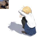  1girl absurdres ahoge arcueid_brunestud blonde_hair blue_skirt boots brown_boots cat_shadow_puppet coti_neko highres meme middle_w pantyhose photo-referenced shadow short_hair simple_background skirt squatting sweater tsukihime tsukihime_(remake) turtleneck turtleneck_sweater w white_background 