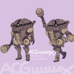  acguy artist_name choco_(chocolate_shop) commentary_request gundam gundam_gquuuuuux highres holding holding_weapon instrument maracas mecha mecha_focus mobile_suit mobile_suit_gundam no_humans one-eyed parody purple_background red_eyes redesign robot science_fiction style_parody twitter_username weapon yamashita_ikuto_(style) zeon 