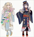  2girls adapted_costume bangle black_boots black_hair black_hat black_kimono blonde_hair blue_boots blue_kimono boots bracelet closed_mouth crescent gloves gradient_hair grey_background grey_eyes grey_gloves hakusai_(tiahszld) hand_up hat highres hoshino_ichika_(project_sekai) japanese_clothes jewelry kimono lace-up_boots live_with_memories_(project_sekai) long_hair long_sleeves multicolored_hair multiple_girls peaked_cap platform_boots platform_heels project_sekai purple_hair red_eyes revision simple_background sleeves_past_wrists smile standing star_(symbol) swept_bangs tenma_saki tilted_headwear twintails unnamed_harmony_(project_sekai) wide_sleeves wrist_cuffs 