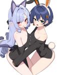  2girls absurdres animal_ears belle_(zenless_zone_zero) black_shirt blue_hair breast_press breasts cat_ears cat_tail commentary earrings fake_animal_ears fake_tail green_eyes hashtag-only_commentary highres jewelry long_hair looking_at_viewer medium_breasts multicolored_hair multiple_girls off_shoulder open_mouth rabbit_ears rabbit_tail shirt short_hair simple_background smile streaked_hair symbol-only_commentary symmetrical_docking tail vivian_banshee w.k white_background white_hair zenless_zone_zero 