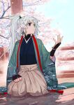  1girl aqua_eyes aqua_haori armor blue_kimono blue_sky blunt_ends breasts cherry_blossoms clenched_hand closed_mouth dutch_angle earrings expressionless fate/grand_order fate_(series) full_body game_cg hair_tie hakama hakama_skirt hand_on_lap hand_up haori high_collar high_ponytail japanese_armor japanese_clothes jewelry kimono kishimen_hair kote kurokote long_hair long_sleeves looking_to_the_side official_art ponytail seiza sidelocks sitting skirt sky solo tassel tassel_earrings third-party_source tree wataru_rei white_hair white_hakama wide_sleeves yui_shousetsu_(fate) yui_shousetsu_(second_ascension)_(fate) 