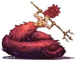  1girl armor back clenched_teeth commentary earrings english_commentary gauntlets gold_armor holding holding_polearm holding_weapon jewelry lamia medusa_(phantasy_star) monster_girl muscular muscular_female phantasy_star phantasy_star_i polearm simple_background snake_hair solo teeth trident weapon white_background xjkappa 