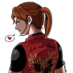  1girl blue_eyes brown_hair claire_redfield clothes_writing heart jacket lips long_hair looking_at_viewer ma_2 ponytail resident_evil resident_evil_-_code:_veronica resident_evil_2 simple_background smile solo white_background 