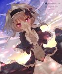  1girl 2022 9-nine- absurdres black_bow black_capelet black_dress black_hair black_hairband blue_bow blush bow capelet commentary covering_own_mouth cowboy_shot dark dated dress dress_bow dutch_angle floating_clothes floating_hair frilled_capelet frilled_dress frilled_hairband frilled_sleeves frills gothic_lolita hair_bow hair_ornament hairband hairclip hands_up highres interlocked_fingers lolita_fashion lolita_hairband long_sleeves looking_at_viewer official_alternate_costume outdoors own_hands_together purple_brooch red_eyes short_hair_with_long_locks solo twitter_username wagashifish wide_sleeves yuuki_noa 