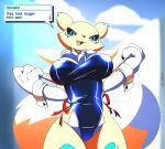 absurd_res ando anthro bandai_namco black_sclera blue_eyes bunny_costume clothing costume digimon digimon_(species) english_text female fur hi_res renamon solo text white_body white_fur yellow_body yellow_fur