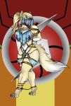alien angry anthro bdsm blonde_hair bondage bound canid canine cloth clothing corsac_fox face_veil female fox fox_samus_aran fur gag gagged hair harem harem_jewelry harem_outfit hi_res jewelry lovemummification mammal metroid metroid_(species) muscular muscular_female nintendo otn_gag ponytail rope samus_aran solo translucent translucent_clothing true_fox