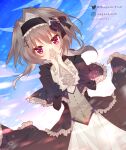  1girl 2022 9-nine- absurdres black_bow black_capelet black_dress black_hair black_hairband blue_bow blush bow capelet commentary covering_own_mouth cowboy_shot dated day dress dress_bow dutch_angle floating_clothes floating_hair frilled_capelet frilled_dress frilled_hairband frilled_sleeves frills gothic_lolita hair_bow hair_ornament hairband hairclip hands_up highres interlocked_fingers lolita_fashion lolita_hairband long_sleeves looking_at_viewer official_alternate_costume outdoors own_hands_together purple_brooch red_eyes short_hair_with_long_locks solo twitter_username wagashifish wide_sleeves yuuki_noa 