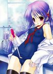  blush breasts clothed_masturbation covered_nipples hair_ornament hairclip highres jacket jacket_over_swimsuit labcoat laboratory long_hair masturbation necktie nipples object_insertion one-piece_swimsuit open_clothes open_shirt original purple_eyes purple_hair pussy_juice ramiya_ryou school_swimsuit school_swimsuit_flap shirt small_breasts solo swimsuit thighhighs twintails very_long_hair wet 