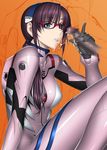  blue_eyes bodysuit censored cum cum_string glasses handjob kansuke makinami_mari_illustrious neon_genesis_evangelion penis pink_bodysuit plugsuit rebuild_of_evangelion solo_focus 