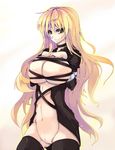  bad_id bad_pixiv_id blonde_hair bottomless breasts hijiri_byakuren large_breasts long_hair navel no_bra no_panties open_clothes pussy ribbon smile solo thighhighs toono_yayoi touhou yellow_eyes 