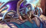 animal_genitalia black_body black_claws black_horn black_knot black_scales blue_body blue_membrane blue_scales claws deinonychus dinosaur dragon dromaeosaurid erection feathered_dinosaur feathered_scalie feathers female feral genital_slit genitals group hi_res hollyvardia hollyvardia_(character) horn knot male male/female male/male membrane_(anatomy) membranous_wings mythological_creature mythological_scalie mythology penis pink_knot pink_penis prehistoric_species purple_membrane reptile scales scalie theropod trio white_body white_scales wings