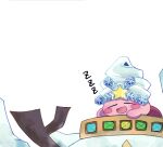  1boy closed_eyes copy_ability detexted drooling highres ice_kirby kirby kirby's_return_to_dream_land kirby's_return_to_dream_land_deluxe kirby_(series) kulenoa lying on_stomach open_mouth sleeping snow_bowl_kirby snowman solo tagme third-party_edit white_background zzz 