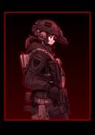  1girl ar-15 assault_rifle belt black_border black_gloves black_hair black_helmet black_jacket border bulletproof_vest closed_mouth combat_helmet dark_background ear_protection from_side gloves gun handgun headset helmet highres holding holding_gun holding_weapon holster hood hood_down hooded_jacket jacket long_sleeves military_combat_uniform military_uniform night_vision_device original outline ponytail red_eyes red_outline red_theme rennn_(ilobeste) rifle sig_sauer sig_sauer_p320 solo upper_body weapon 