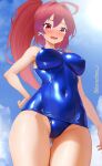  1girl ahoge blue_one-piece_swimsuit blush breasts cameltoe covered_navel dorachan_r embarrassed hair_ribbon highres i-168_(kancolle) kantai_collection large_breasts long_hair one-piece_swimsuit ponytail red_eyes red_hair ribbon school_swimsuit solo swimsuit very_long_hair 