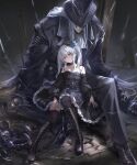  1boy 1girl ascot bare_shoulders black_boots black_choker black_dress black_hat black_jacket black_pants black_shoes black_thighhighs blue_flower boots breasts choker doll doll_joints dress english_commentary flower frilled_dress frills full_body hair_flower hair_ornament hat head_tilt highres jacket joints knee_boots lace-up_boots lloyd_(granblue_fantasy) long_hair looking_at_viewer medium_breasts official_art orchis pants ponzu_(catponz) puppet_strings red_eyes second-party_source shadowverse shadowverse:_worlds_beyond shoes sidelocks sitting strapless strapless_dress thighhighs top_hat twintails white_ascot 