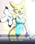 absurd_res ando anthro bandai_namco bunny_costume canid canine clothing costume dialogue_box digimon digimon_(species) female hi_res mammal renamon solo solo_focus