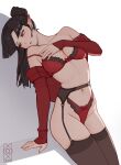  1girl absurdres black_hair blunt_bangs bow bow_bra bow_panties bra breast_suppress breasts commission commissioner_upload earrings garter_belt hand_on_own_chest highleg highleg_panties highres inuyasha jewelry kagura_(inuyasha) lace-trimmed_bra lace-trimmed_panties lace_trim lingerie navel off_shoulder panties pointy_ears ponytail quilm red_bra red_eyes red_panties red_shirt shadow shirt simple_background sitting solo thighhighs underwear white_background 