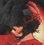  1girl black_helmet combat_helmet commentary_request ear_protection fakuxnxmy helmet looking_ahead medium_hair military night_vision_device original parted_lips portrait red_eyes red_theme safety_glasses sketch solo 