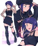  1girl alternate_costume asymmetrical_legwear audio_jack ayuda_ayutaro belt belt_boots belt_skirt black_boots black_choker black_hat black_thighhighs blunt_bangs bob_cut boku_no_hero_academia boots choker commentary_request contrapposto crop_top diagonal_bangs fishnet_top fishnets full_body groin hand_on_headwear hand_on_own_ear hat hat_belt jiro_kyoka long_earlobes looking_at_viewer looking_to_the_side midriff miniskirt multiple_views nail_polish navel o-ring o-ring_choker o-ring_thigh_strap off-shoulder_shirt off_shoulder open_mouth peaked_cap plaid_clothes plaid_skirt pleated_skirt purple_eyes purple_hair purple_nails red_skirt shirt signature simple_background single_off_shoulder single_sidelock sitting skirt smile spiked_choker spikes standing strapless teeth thigh_strap thighhighs tube_top upper_body upper_teeth_only watermark white_background white_mouth 