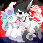 1:1 alternate_species anthro basil_(omori) domestic_cat duo eye_contact felid feline felis floppy_ears flower flower_crown furrification hi_res kemono lagomorph leporid looking_at_another male mammal mekkyaru omori_(game) omori_(omori) pawpads plant rabbit