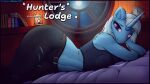  absurd_res anthro belt blue_body blue_fur book bookshelf bottomwear candle candlelight clothing cozy ear_piercing english_text equid equine eyebrows female friendship_is_magic fur furniture glowing glowing_eyes hasbro hi_res horn inner_ear_fluff inside killerqueen1911 light looking_at_viewer mammal moon moonlight my_little_pony mythological_creature mythological_equine mythology pants piercing shirt solo tank_top text topwear torn_clothing trixie_(mlp) tuft unicorn window 