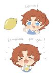  ! 1boy absurdres blue_eyes blue_sweater_vest brown_hair chibi closed_eyes collared_shirt degrees_of_lewdity english_text food fruit highres lemon lemonade looking_at_viewer miomawla multiple_views open_mouth robin_(degrees_of_lewdity) robin_(male)_(degrees_of_lewdity) shirt short_hair simple_background sweater_vest white_background white_shirt 