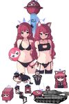  1girl absurdres animal_ear_fluff animal_ears armband ball bell bikini black_bikini black_bra black_choker black_headwear black_jacket black_panties blue_archive blush book bra breasts cat_cutout cat_ear_panties cat_ears cat_girl cat_lingerie cat_tail chibi choker cleavage_cutout clenched_teeth closed_mouth clothing_cutout collarbone cube frilled_bra frills grey_eyes ground_vehicle halo hat highres holding holding_ball holding_book hrna iroha_(blue_archive) jacket jingle_bell lingerie long_hair long_sleeves looking_at_viewer meme_attire metal_slug military military_hat military_vehicle motor_vehicle navel neck_bell necktie o-ring o-ring_bikini objectification panties parody parted_lips paw_print peaked_cap red_hair red_necktie side-tie_panties simple_background solo standing swimsuit table tail tank teeth thighhighs tom_and_jerry ufo underwear underwear_only white_background 