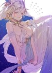  1girl areola_slip bare_shoulders blonde_hair blush breasts covered_nipples djeeta_(granblue_fantasy) dress granblue_fantasy hair_ornament koza_game large_breasts nipples open_mouth panacea_(granblue_fantasy) see-through short_hair sideboob solo star_(symbol) star_print veil white_background yellow_eyes 