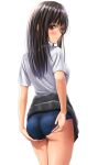 1girl ass bangs black_hair black_skirt blue_buruma blush buruma clothes_lift commentary_request from_behind highres lifted_by_self long_hair looking_at_viewer original parted_lips red_eyes school_uniform shirt short_sleeves simple_background skirt skirt_lift solo standing thighs uniform white_background white_shirt yukemuriganmo 