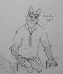  anthro balls big_penis black_and_white canid canine canis clothed clothing dialogue dreamworks eyewear eyewear_on_head foreskin genitals half-erect heart_clothing hi_res lewd_bunnie male mammal monochrome mr._wolf_(the_bad_guys) necktie partially_clothed penis presenting presenting_penis pubes sketch solo sunglasses sunglasses_on_head the_bad_guys thick_penis underwear underwear_down wolf 