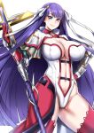  1girl bangs blue_eyes blunt_bangs breasts center_opening choker commentary_request cowboy_shot crosier cross cross_choker fate/grand_order fate_(series) gauntlets gloves hand_on_hip highres hime_cut large_breasts lc_7v2 long_hair looking_at_viewer martha_(fate) navel purple_hair red_gloves simple_background smile solo staff standing straight_hair 