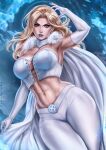  1girl abs armpits blonde_hair blue_eyes blue_lips breasts cape collared_cape dandon_fuga earrings emma_frost gloves highres ice jewelry large_breasts light_smile long_hair looking_at_viewer marvel navel pants solo white_cape white_gloves white_pants x-men 