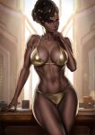  1girl abs arcane:_league_of_legends bare_shoulders breasts brown_hair collarbone dandon_fuga dark-skinned_female dark_skin earrings gold_bikini hair_bun highres jewelry large_breasts league_of_legends looking_at_viewer mel_medarda navel navel_piercing piercing ring solo table thick_thighs thighs very_dark_skin wooden_table 